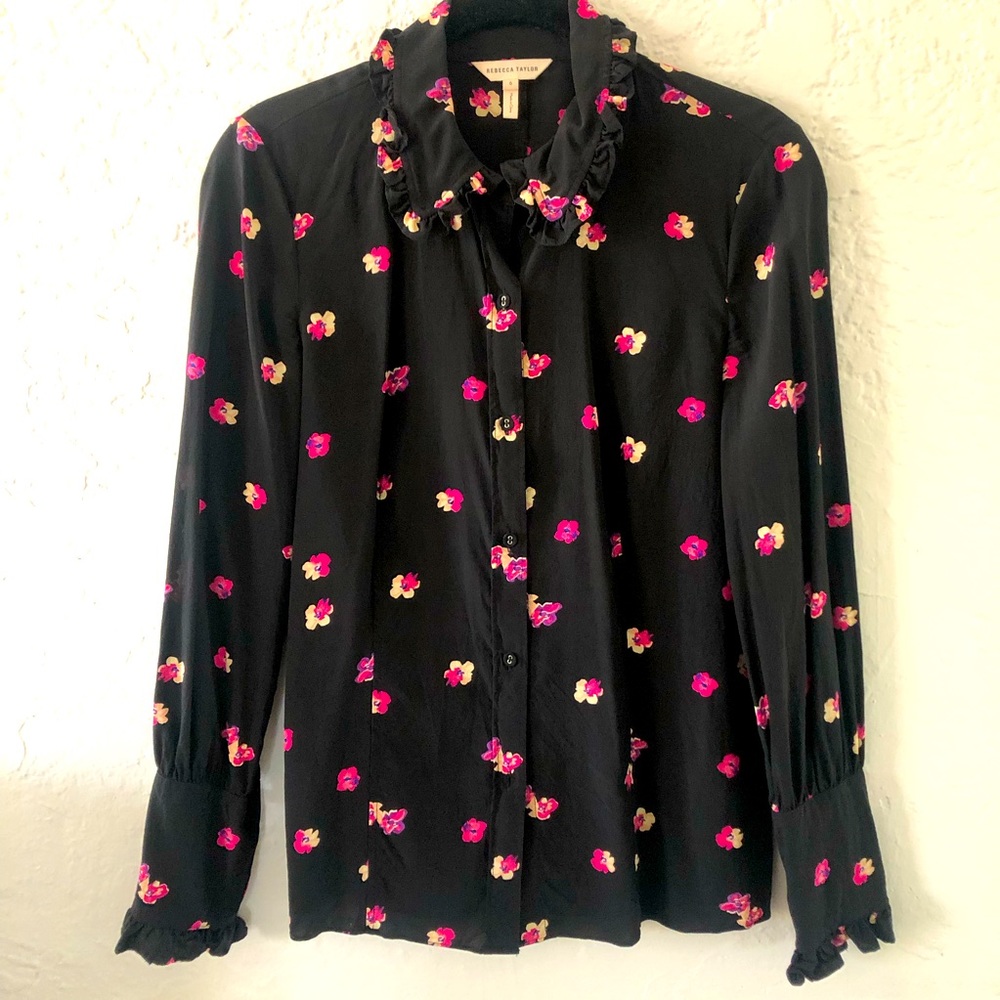 Rebecca Taylor Frilled Black Floral button up Size 6
